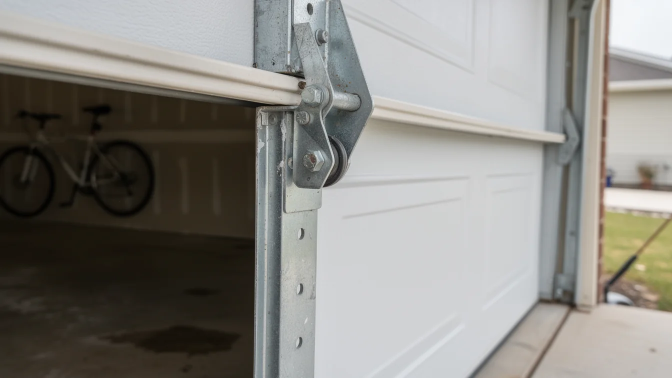 A white garage door is partially open, showing a metal hinge and roller.