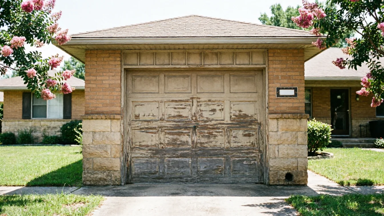 The garage door is peeling paint, with brick and stone on the garage exterior.