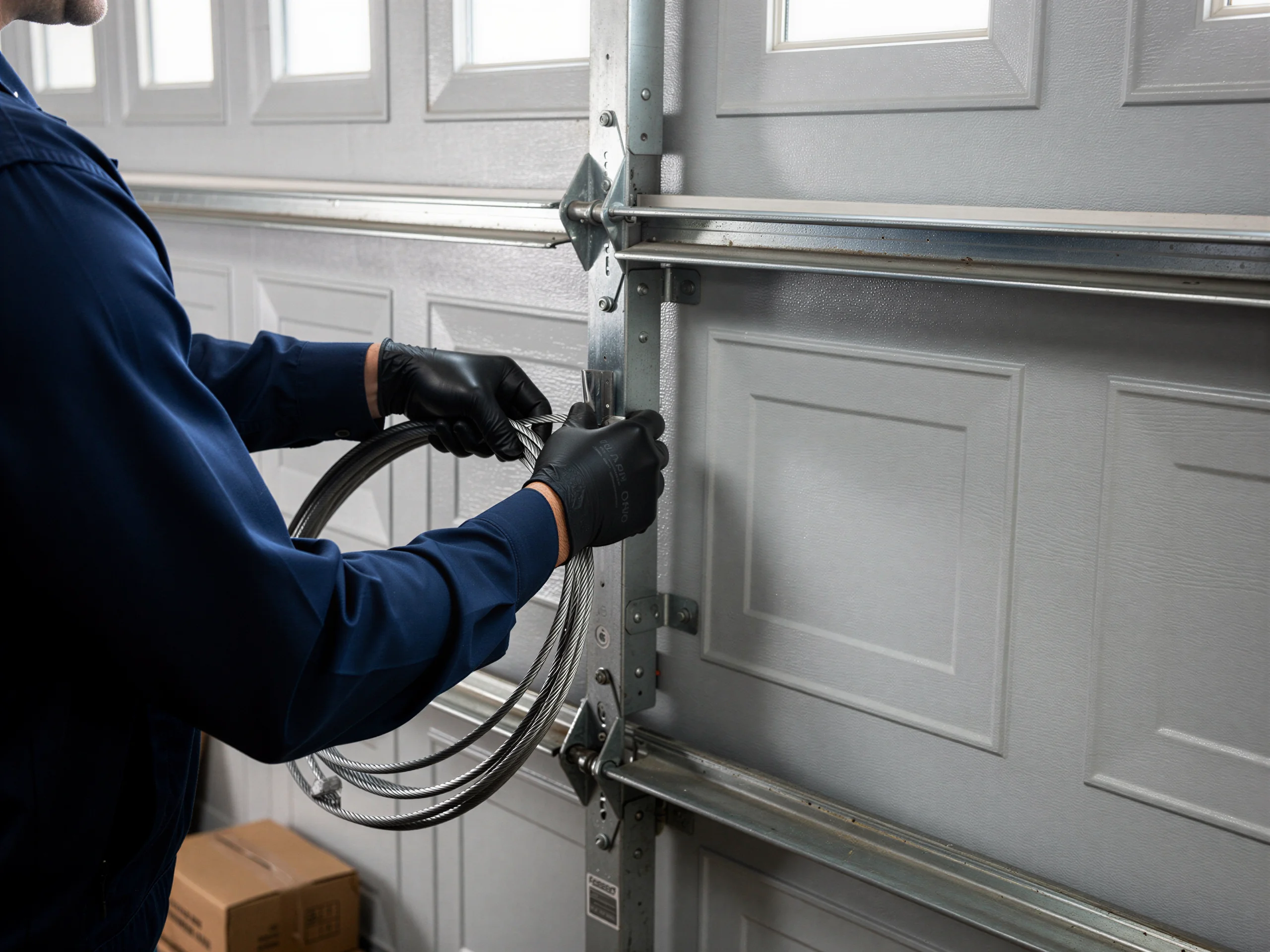 A technician in black gloves holds a coiled cable next to a white garage door.