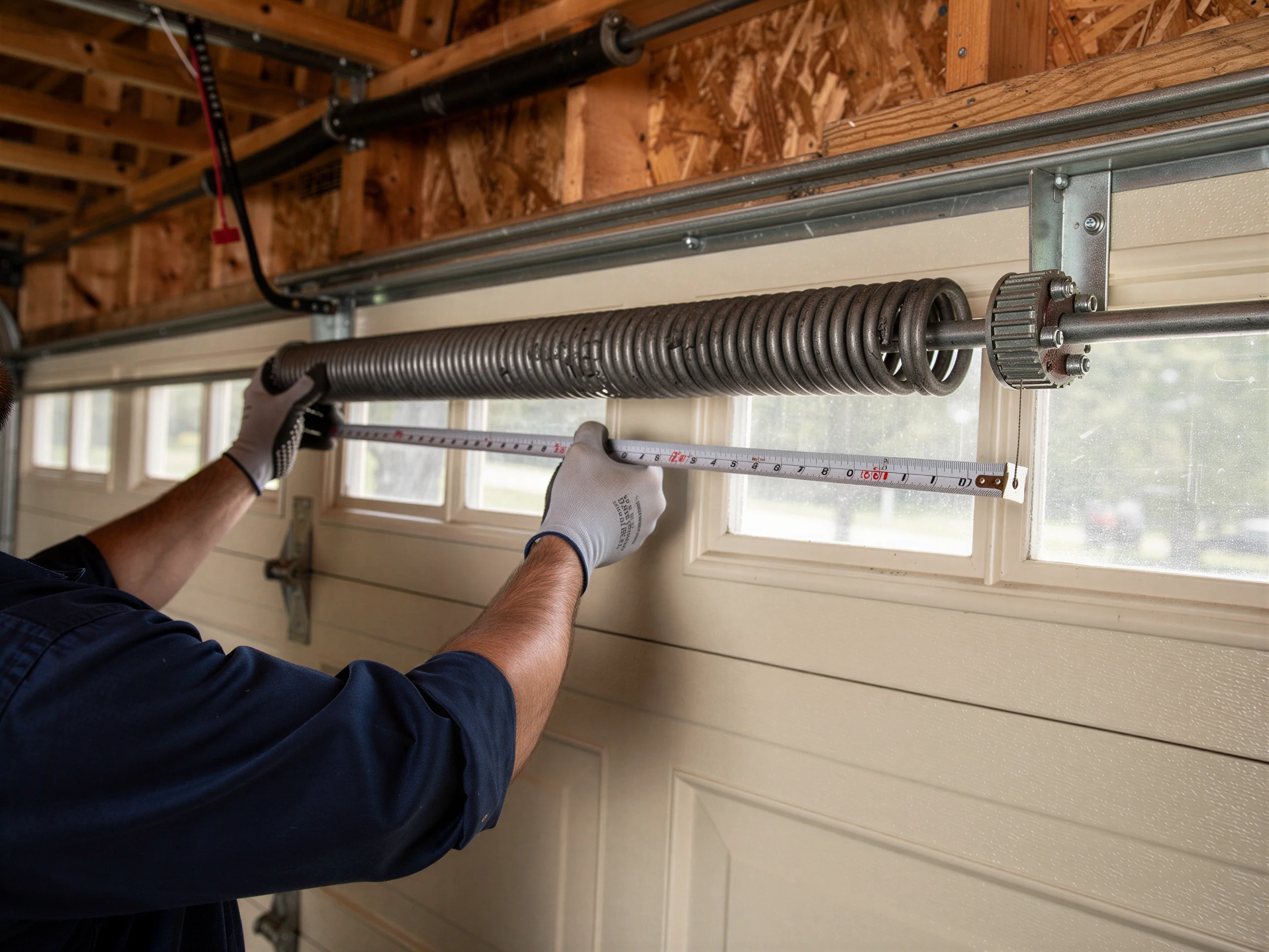 A technician measures a garage door torsion spring with a tape measure.