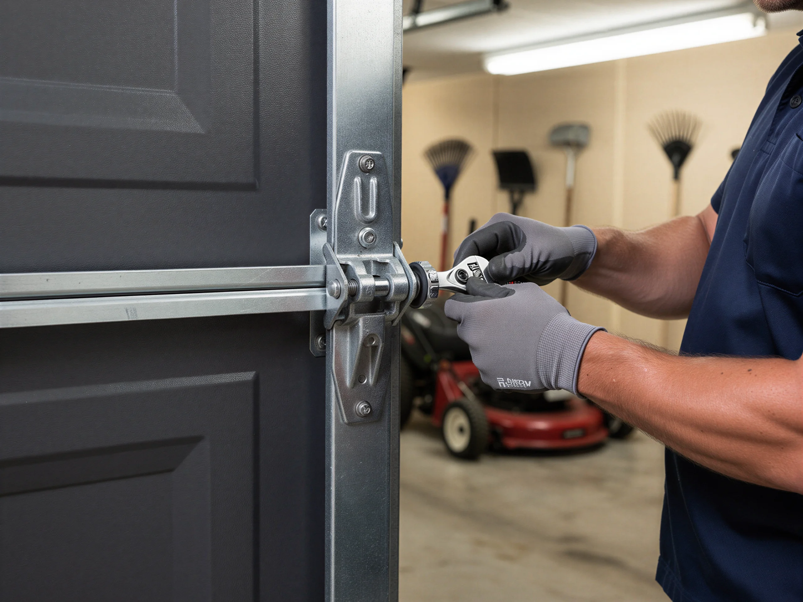 A technician in gloves uses a wrench to adjust a garage door hinge.