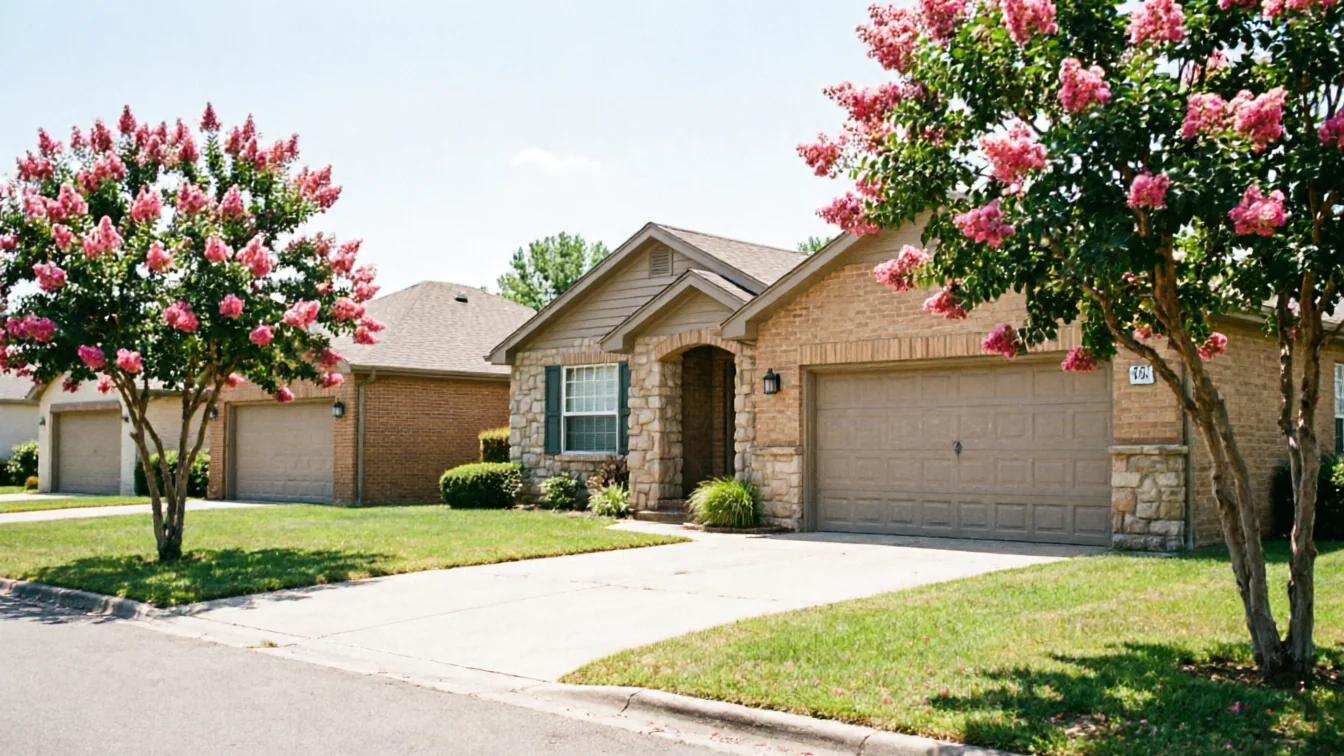 A house with a brown garage door and two flowering trees in the foreground.